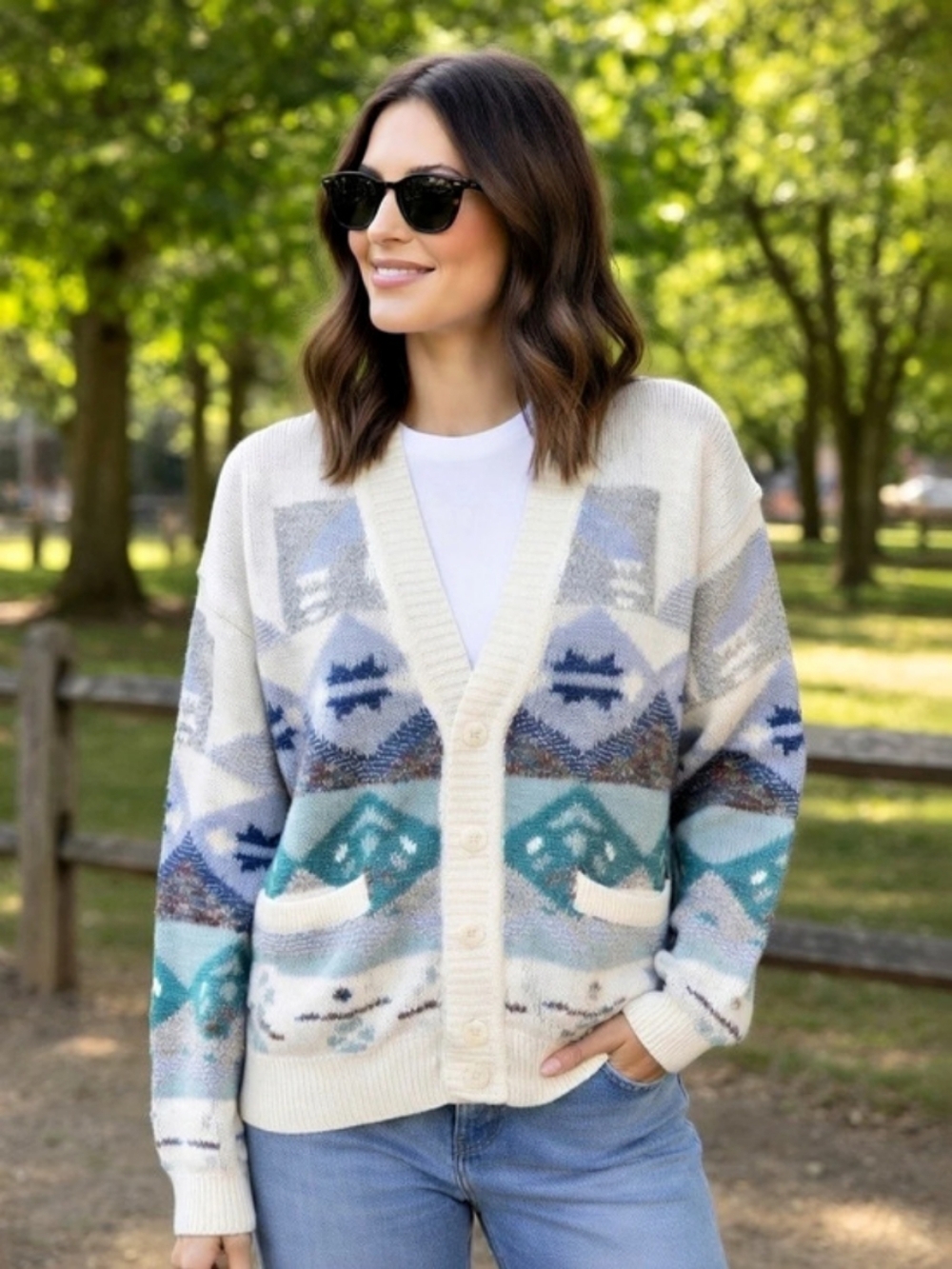 Sunday's Vintage 90's Pastel Abstract Grandpa Knit Button-Up Cardigan Sweater M
